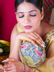 Shararti Paro Embroidered Festive Clutch Grey Satin Minaudière