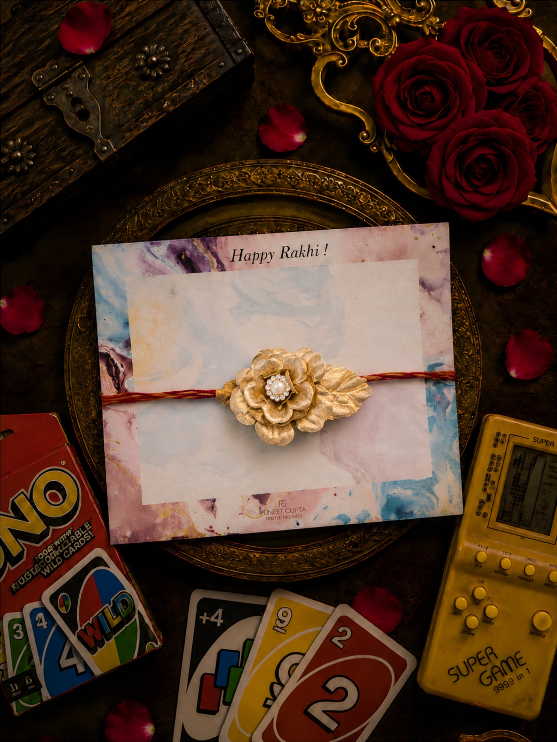 24K Gold Plated Rose Brooch Rakhi (Prepaid Only)