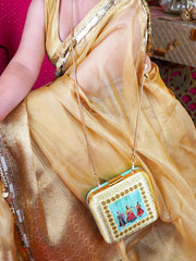 Surbhi Chandna Wearing Saheliya Embroidered Festive Clutch Golden Green Satin Minaudière