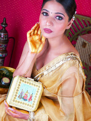 Surbhi Chandna Wearing Saheliya Embroidered Festive Clutch Golden Green Satin Minaudière