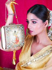 Sehzaada Embroidered Festive Clutch Beige Satin Minaudière