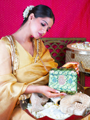 Hastkala Embroidered Festive Clutch Green Satin Minaudière