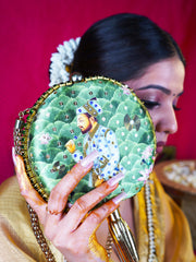 Mughal E Taj Embroidered Festive Clutch Green Satin Minaudière