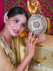 Shehreen Wearing Mandala Sitara Embroidered Festive Clutch Black Satin Minaudière