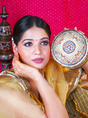 Shehreen Wearing Mandala Sitara Embroidered Festive Clutch Black Satin Minaudière