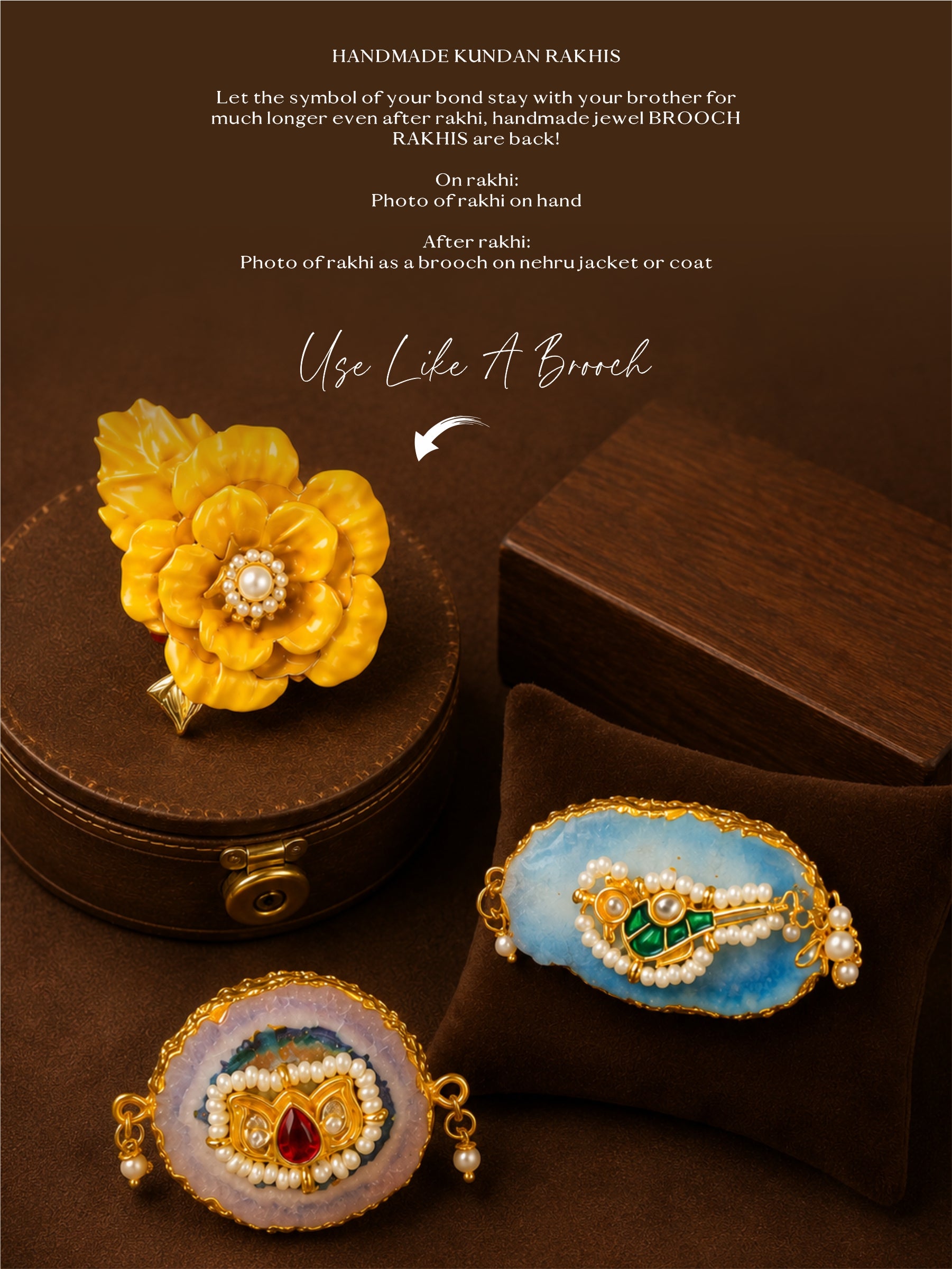 Blue Agate Paachi Kundan Brooch Rakhi (Prepaid Only)