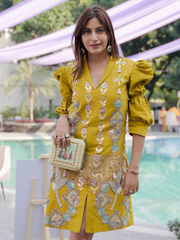Surbhi Chandna Wearing Saheliya Embroidered Festive Clutch Golden Green Satin Minaudière