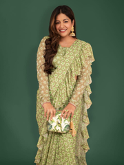 Ishita Dutta Wearing Tropical Parakeet Clutch Green Satin Minaudière