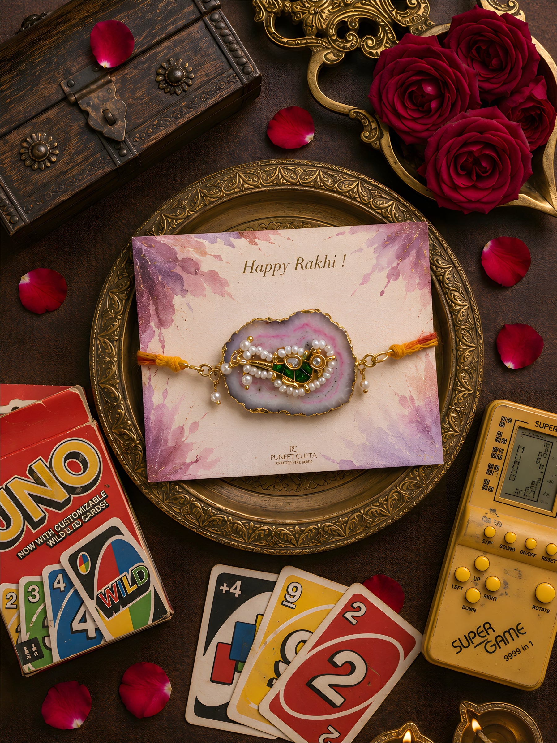 Pink Agate Paachi Kundan Brooch Rakhi (Prepaid Only)