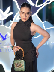 Kaniz Sayed Wearing Ginza Tiger Clutch Green Satin Minaudière