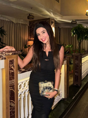 Misha Momin Wearing Night Safari Clutch Black Satin Minaudière