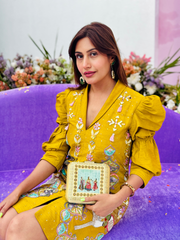 Surbhi Chandna Wearing Saheliya Embroidered Festive Clutch Golden Green Satin Minaudière