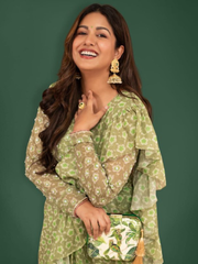 Ishita Dutta Wearing Tropical Parakeet Clutch Green Satin Minaudière