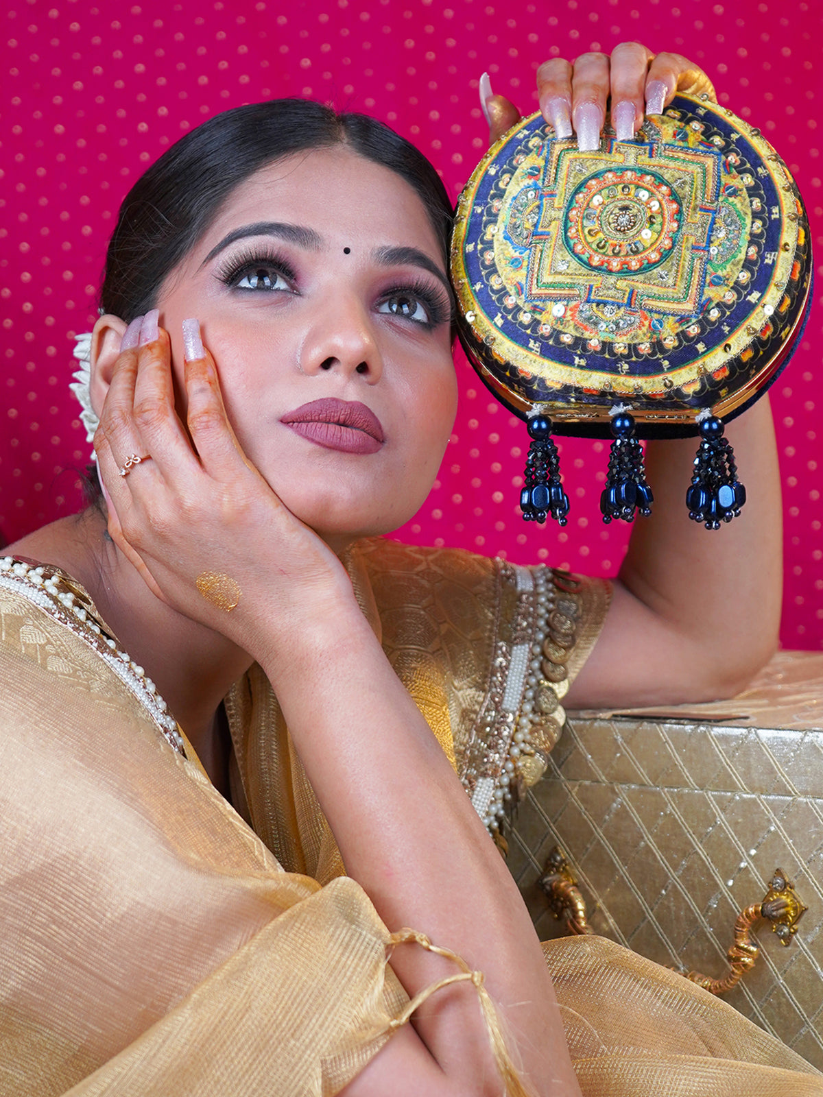 Mandala Neel Embroidered Festive Clutch Blue Satin Minaudière