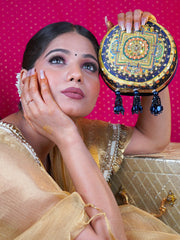 Mandala Neel Embroidered Festive Clutch Blue Satin Minaudière