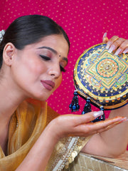 Mandala Neel Embroidered Festive Clutch Blue Satin Minaudière
