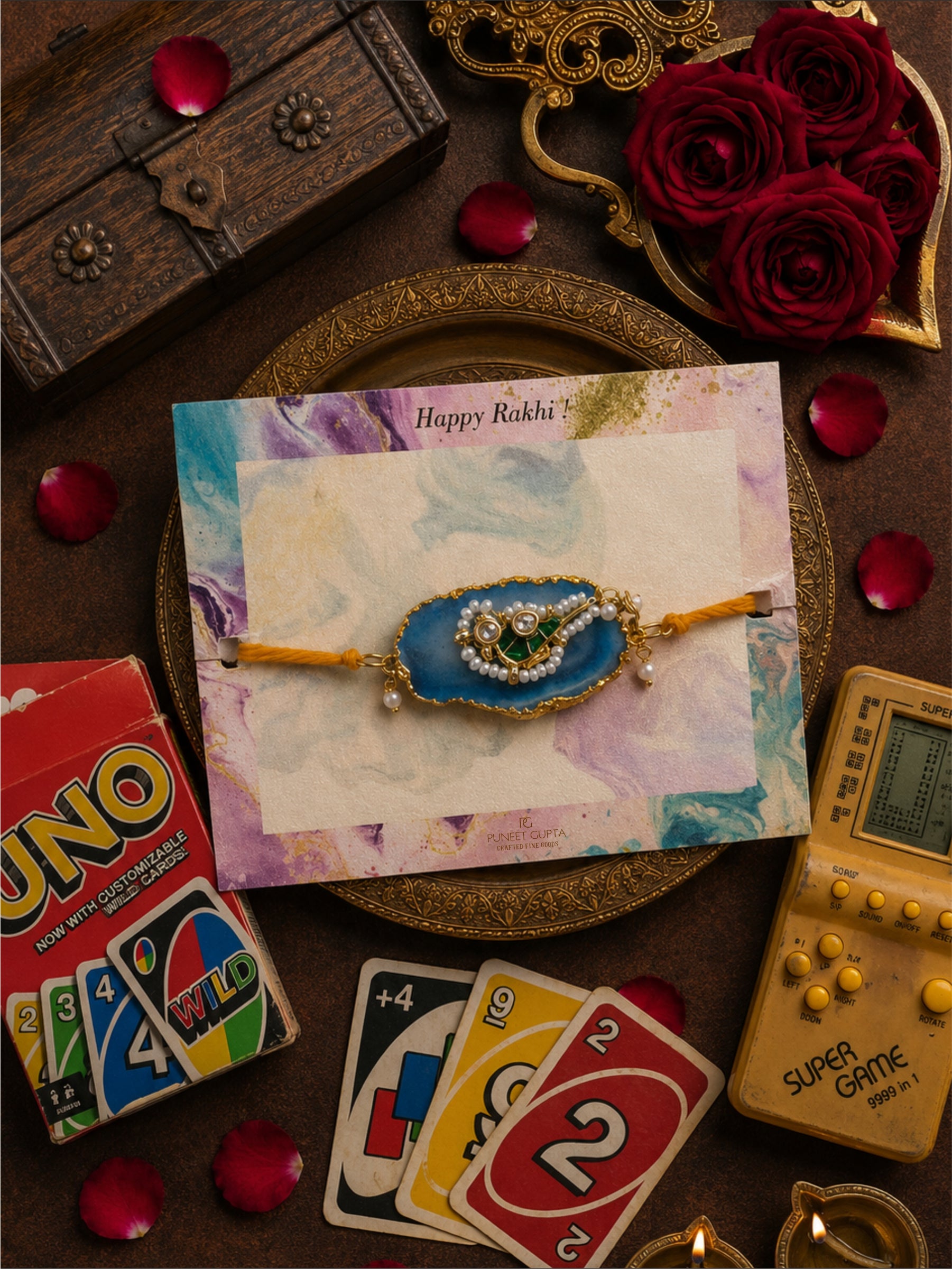 Blue Agate Paachi Kundan Brooch Rakhi (Prepaid Only)