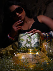 Ishita Dutta Wearing Tropical Parakeet Clutch Green Satin Minaudière
