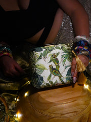 Ishita Dutta Wearing Tropical Parakeet Clutch Green Satin Minaudière
