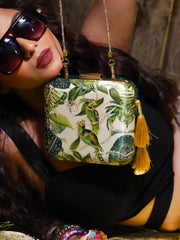 Ishita Dutta Wearing Tropical Parakeet Clutch Green Satin Minaudière