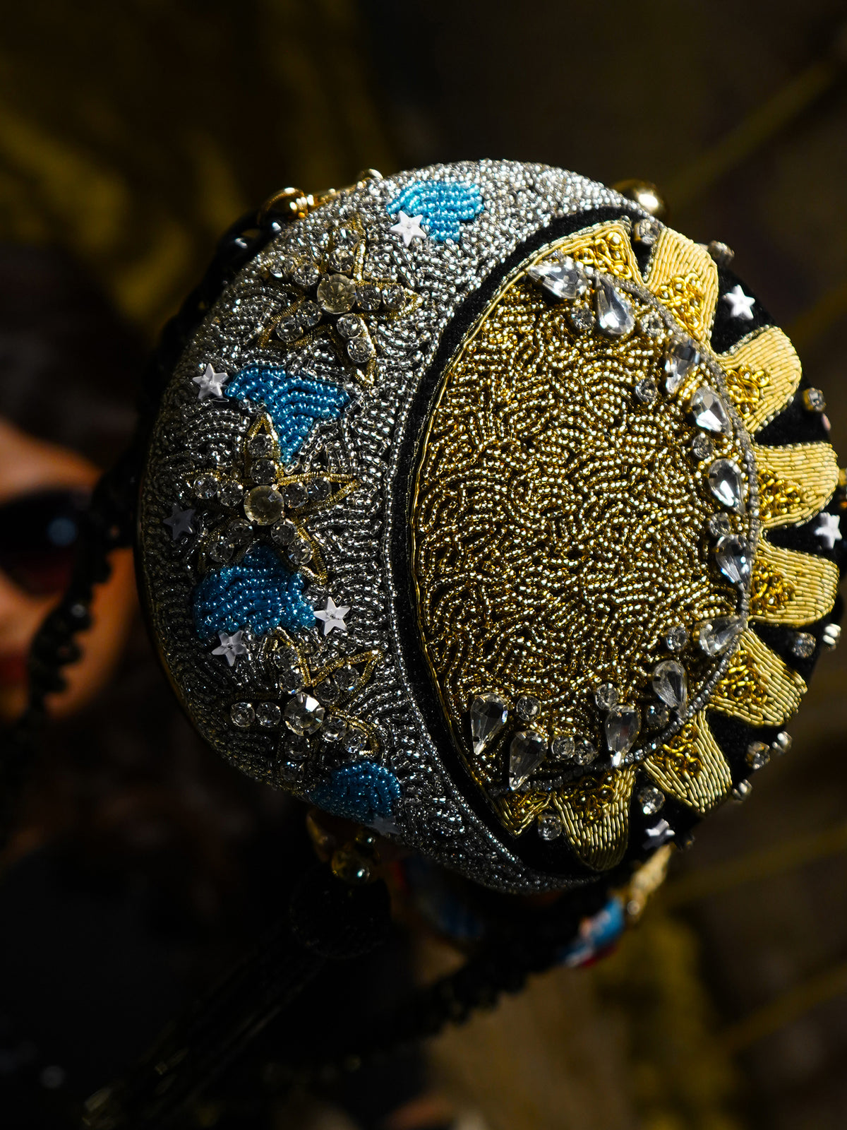 Sun Moon Embroidered round Blue & Gold Bead work & Velvet Minaudière