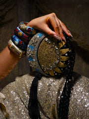 Sun Moon Embroidered round Blue & Gold Bead work & Velvet Minaudière