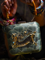 Ginza Tiger Clutch Green Satin Minaudière