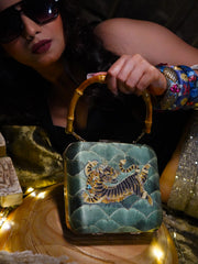 Ginza Tiger Clutch Green Satin Minaudière