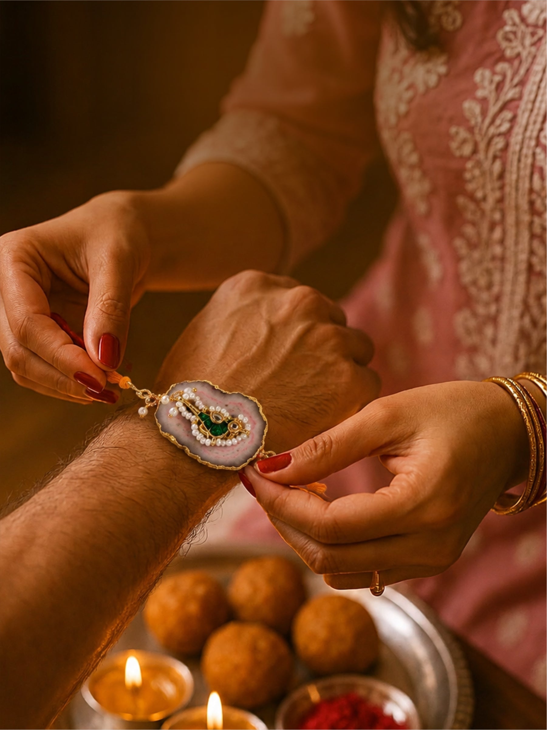 Pink Agate Paachi Kundan Brooch Rakhi (Prepaid Only)