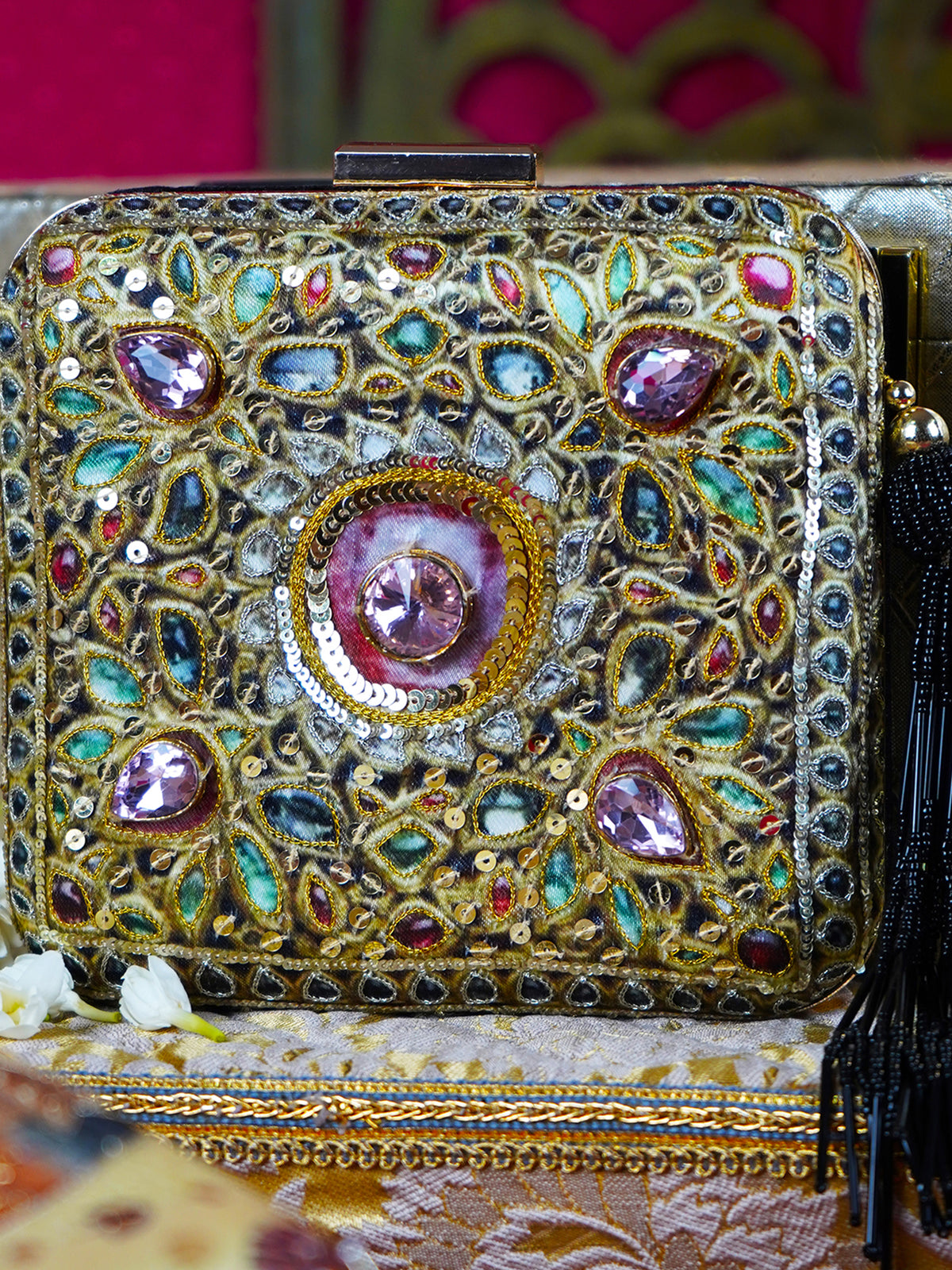 Queens Jewel Embroidered Festive Clutch Multi Satin Minaudière