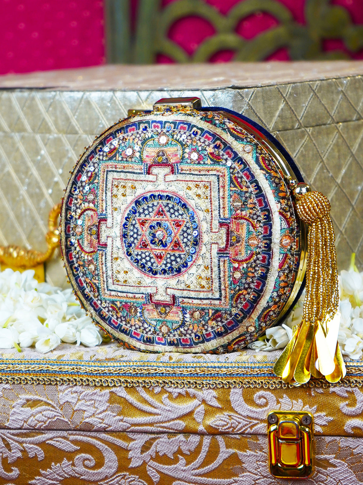 Mandala Sitara Embroidered Festive Clutch Black Satin Minaudière