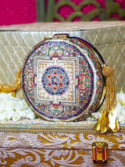 Shehreen Wearing Mandala Sitara Embroidered Festive Clutch Black Satin Minaudière