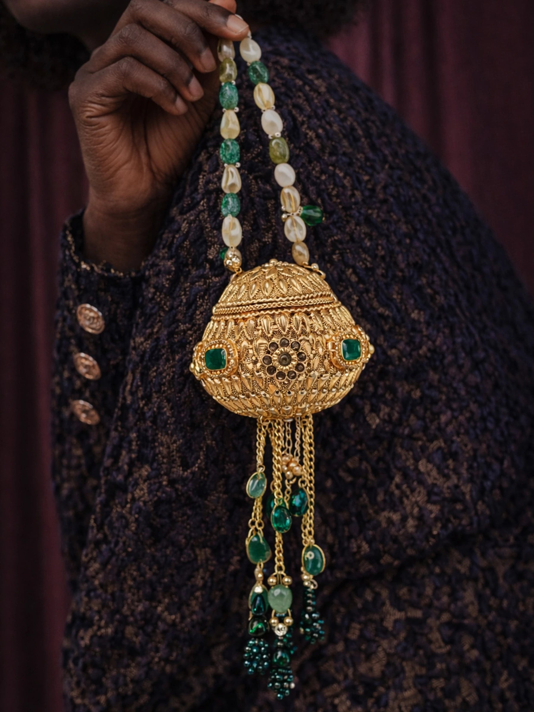 Person holding a gold orb potli bag with emerald accents and beaded handle, wearing a patterned garment