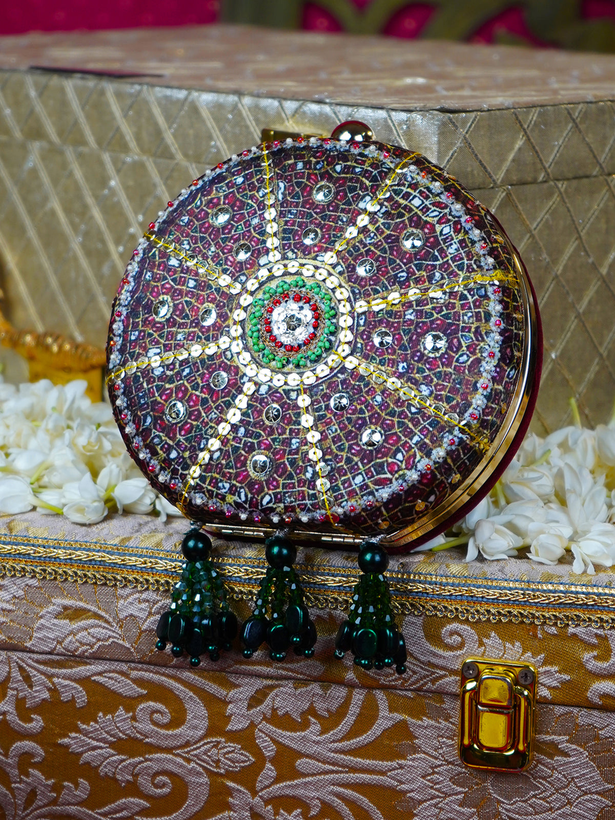 Chandbala Embroidered Festive Clutch Red Satin Minaudière