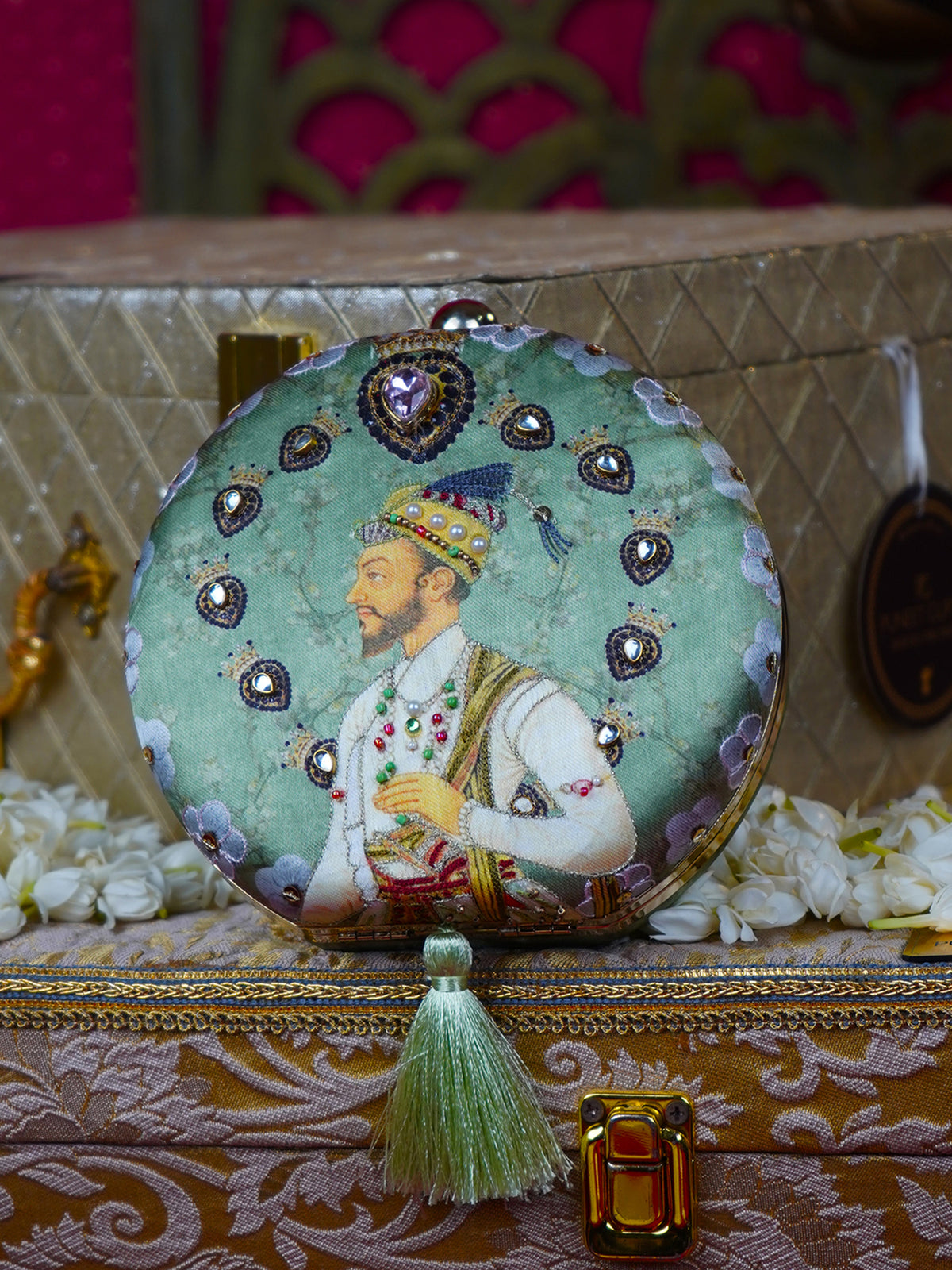 Raazdaar Embroidered Festive Clutch Green Satin Minaudière