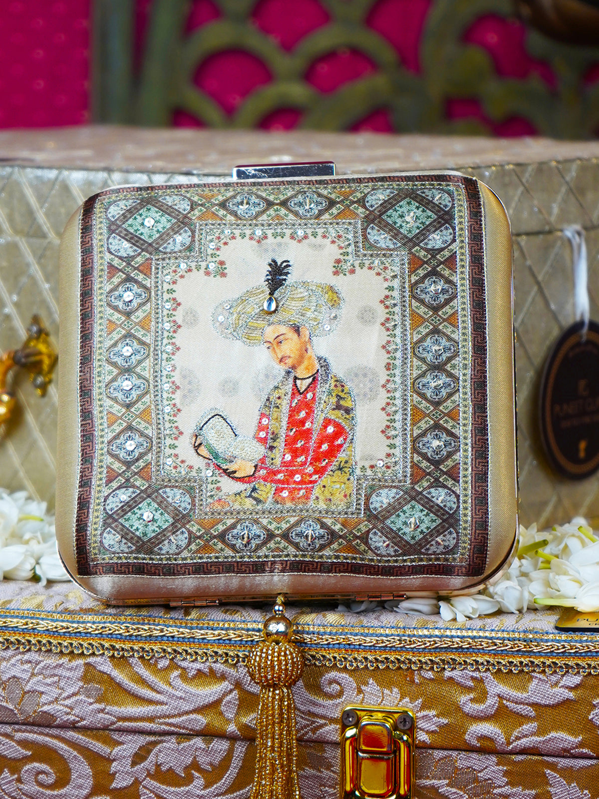 Sehzaada Embroidered Festive Clutch Beige Satin Minaudière