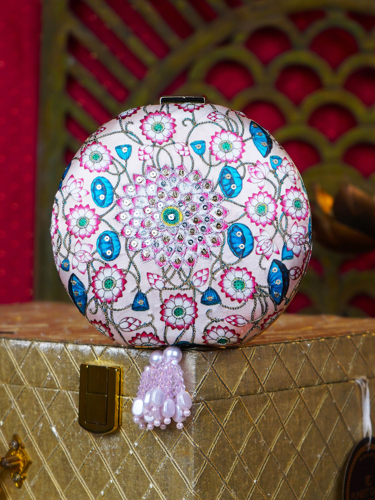 Kamal h Embroidered Festive Clutch Pink Satin Minaudière
