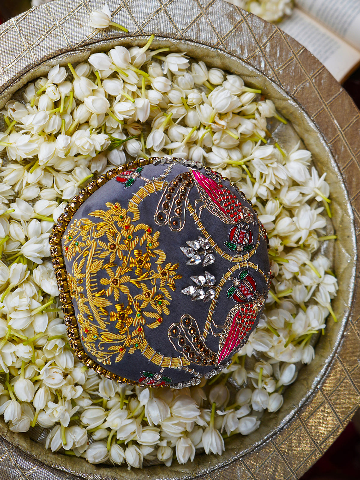 Shararti Paro Embroidered Festive Clutch Grey Satin Minaudière