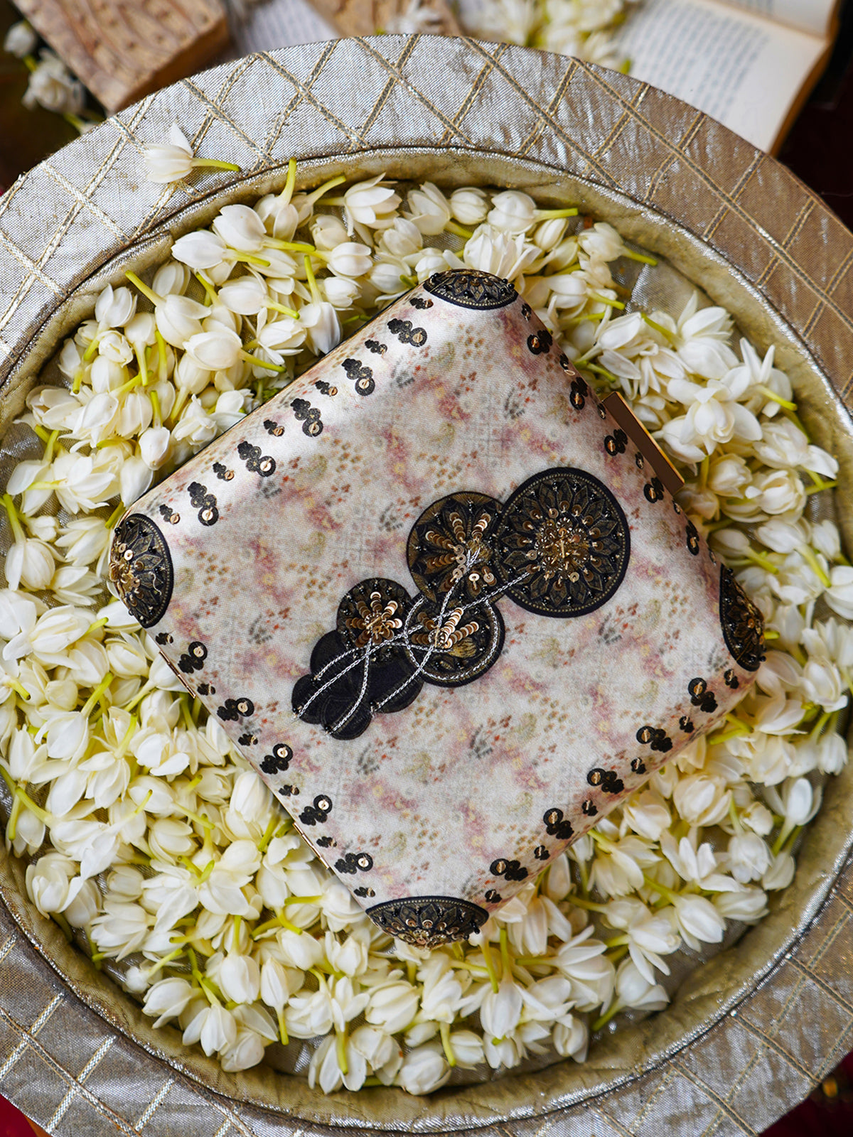 Phool Raat Embroidered Festive Clutch Cream Satin Minaudière