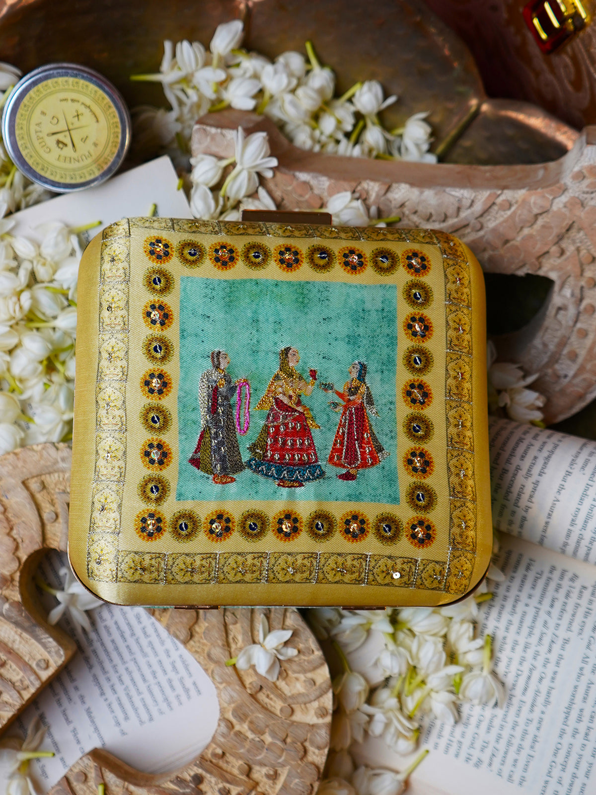 Saheliya Embroidered Festive Clutch Golden Green Satin Minaudière