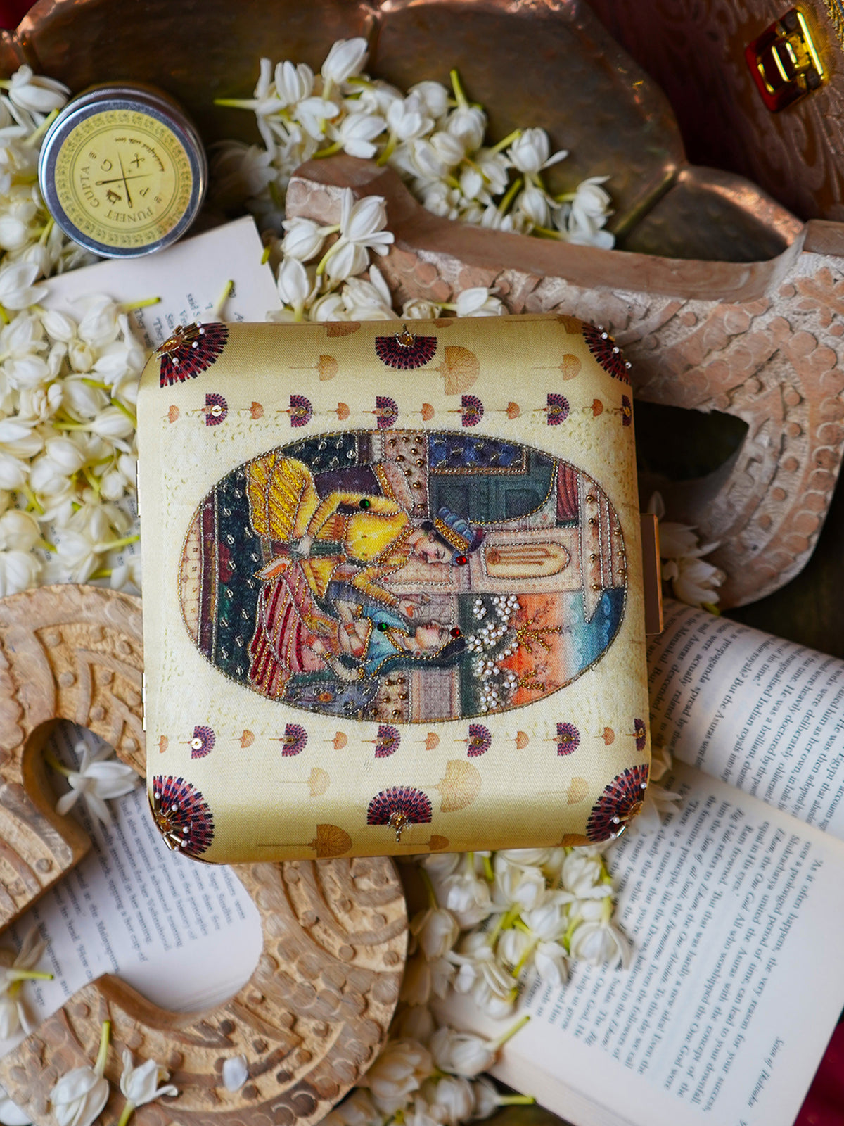 ChandraatEmbroidered Festive Clutch Cream Satin Minaudière