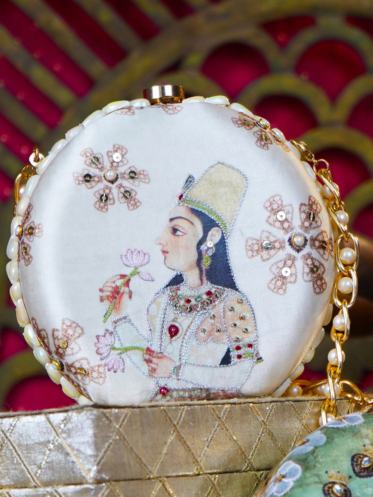 Kamalkanta Embroidered Festive Clutch Cream Satin Minaudière