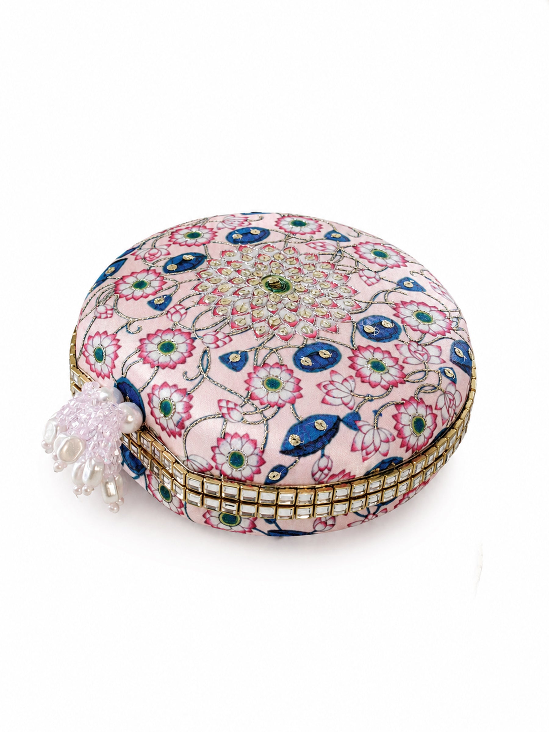 Kamal Bagh Embroidered Clutch, angled top view showing the round pink clutch's lotus mandala embroidery and mirror-work trim