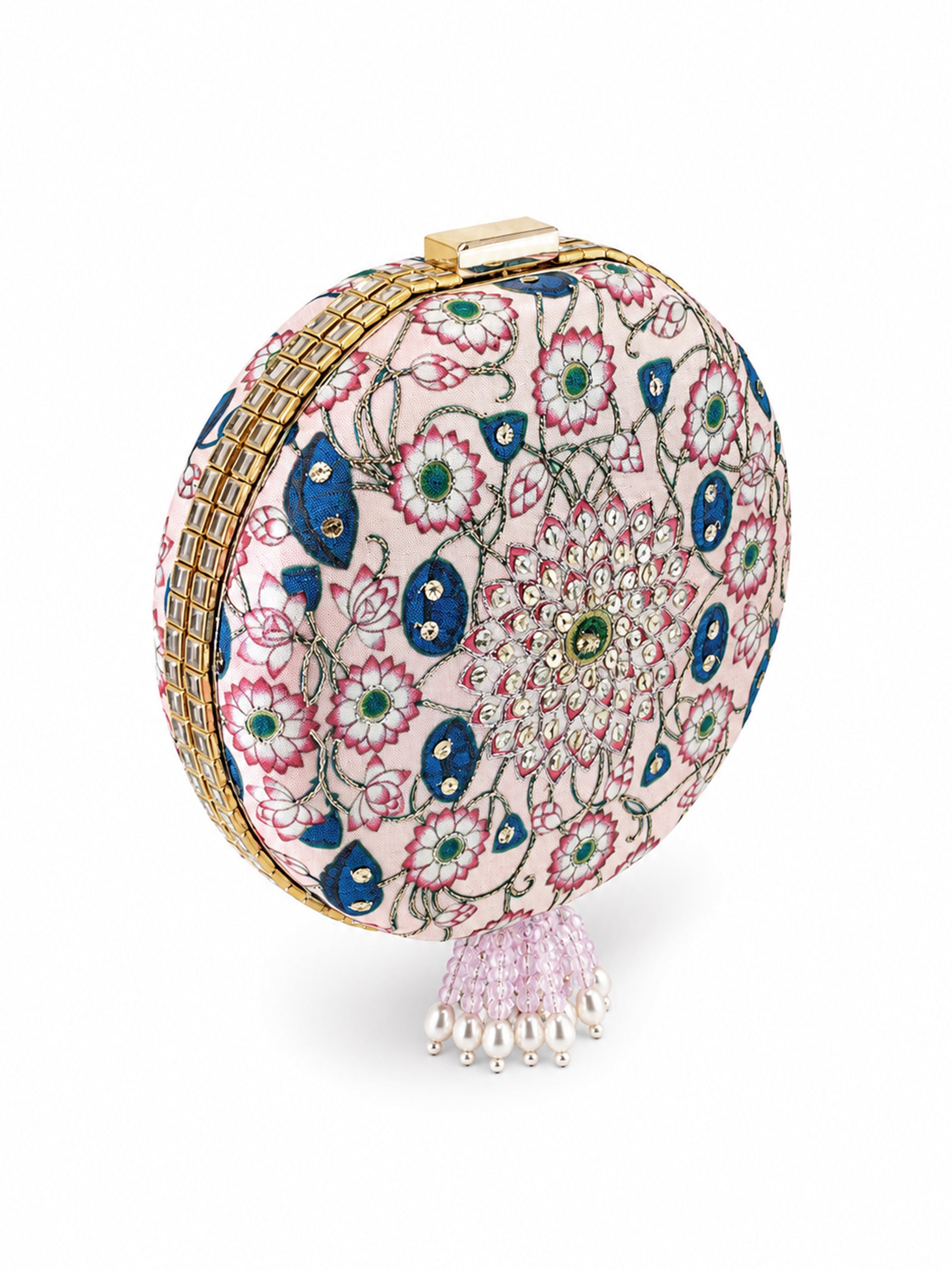 Kamal Bagh Embroidered Clutch, side view showing the round pink clutch with lotus mandala embroidery and mirror-work trim