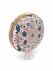 Kamal Bagh Embroidered Clutch, side view showing the round pink clutch with lotus mandala embroidery and mirror-work trim