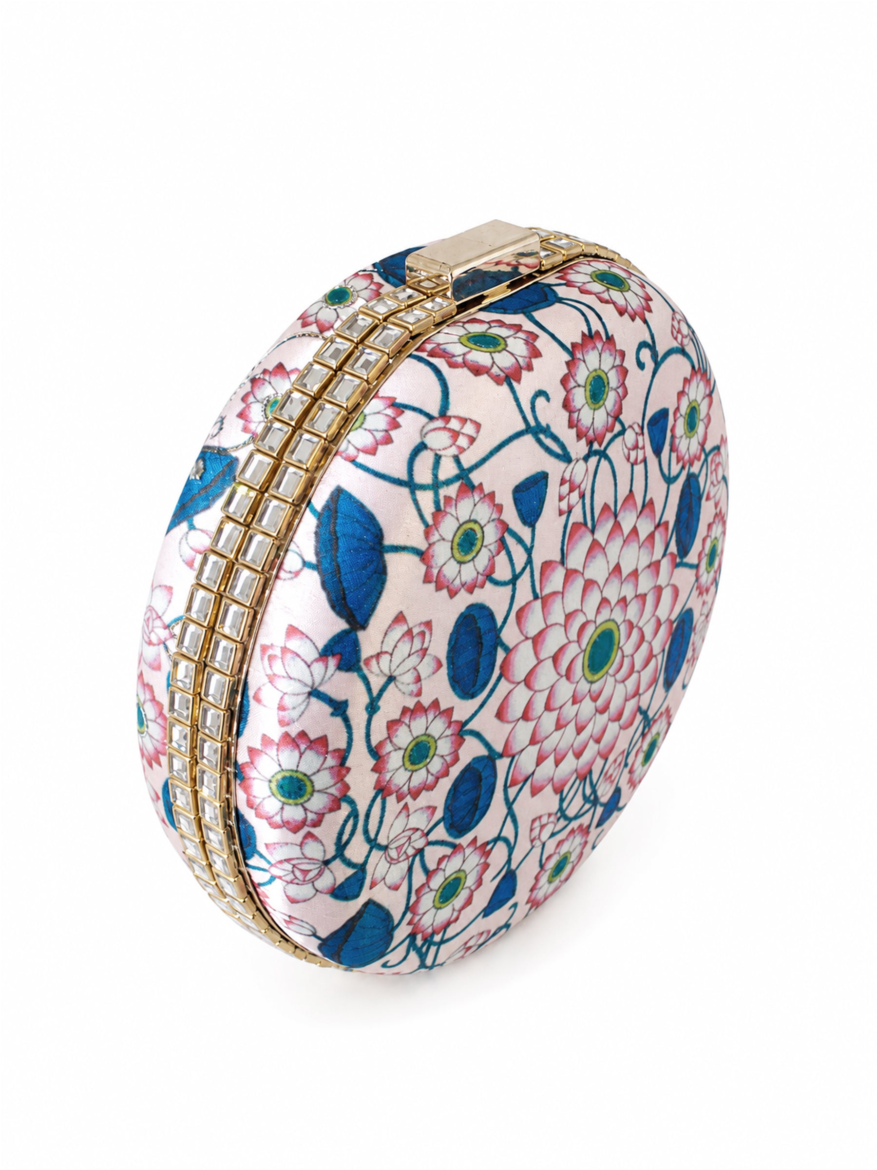 Kamal Bagh Embroidered Clutch, angled side view showing the round pink clutch's floral embroidery and mirror-studded edge
