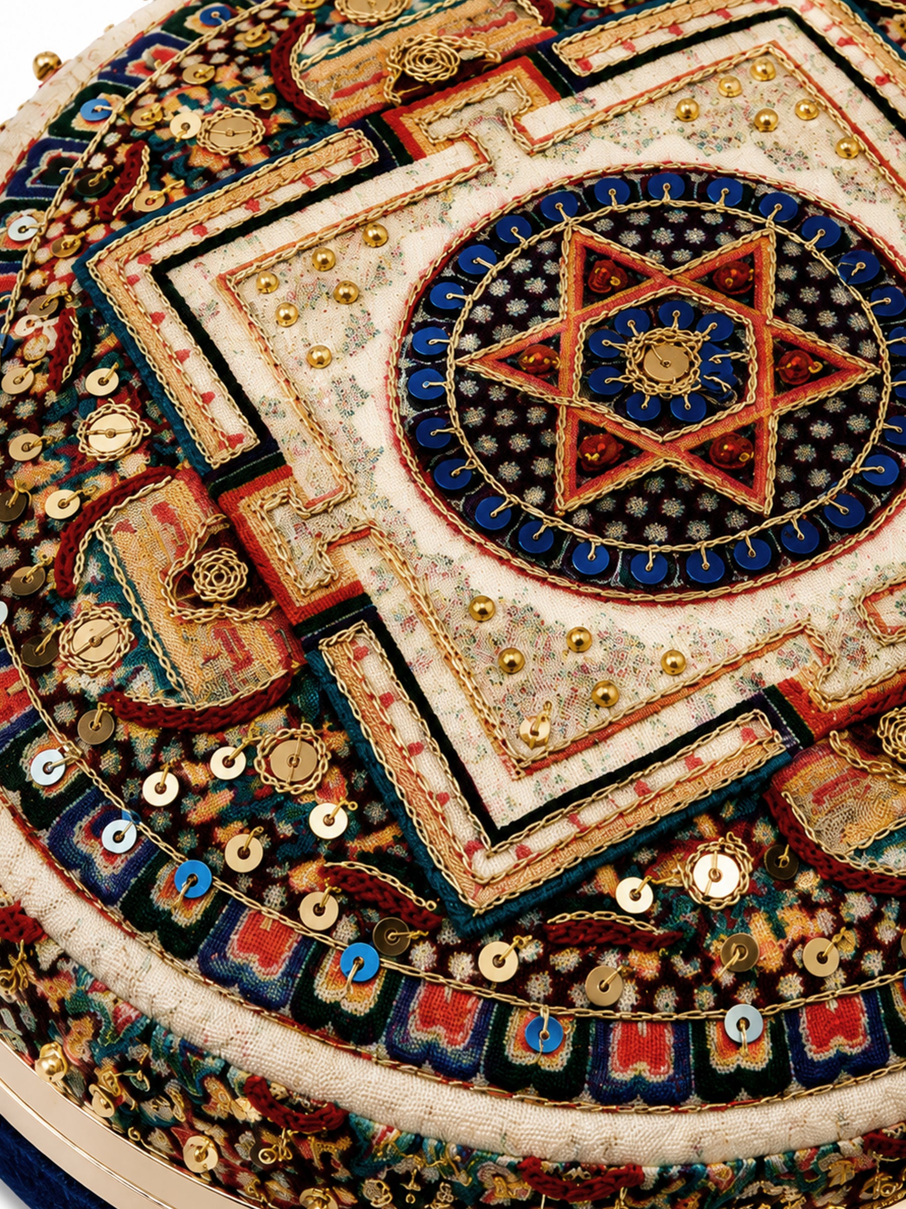 Close-up of the clutch bag's embroidered mandala design, featuring a geometric pattern with a central red and gold star, surrounded by blue, cream, black, and metallic gold embroidered sections.