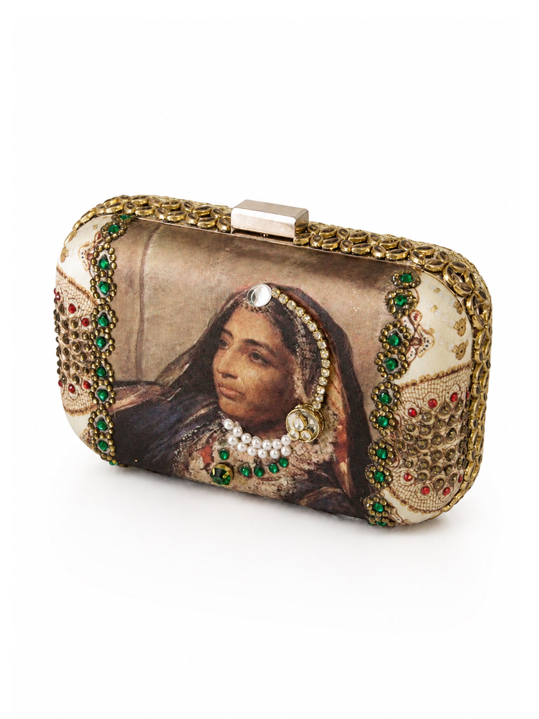 Rani Meher clutch bag with Mughal miniature painting portrait and emerald and gold jeweled border, angled view
