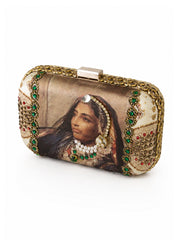 Rani Meher clutch bag with Mughal miniature painting portrait and emerald and gold jeweled border, angled view
