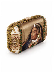 Rani Meher clutch bag, three-quarter angle showing the miniature painting portrait and gold-beaded gemstone trim